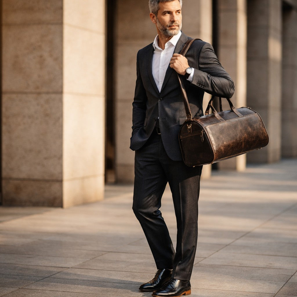 Barcon Getta Inc dark brown distressed leather duffel bag with top handles and shoulder strap, for travel.