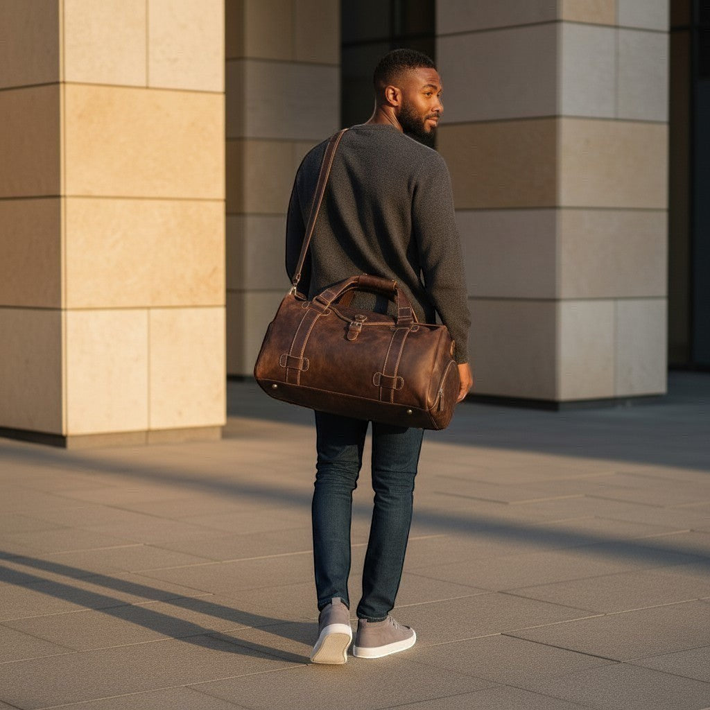 Barcon Getta Inc The Ledger Duffel, a handmade brown full grain leather travel bag with shoe compartment.