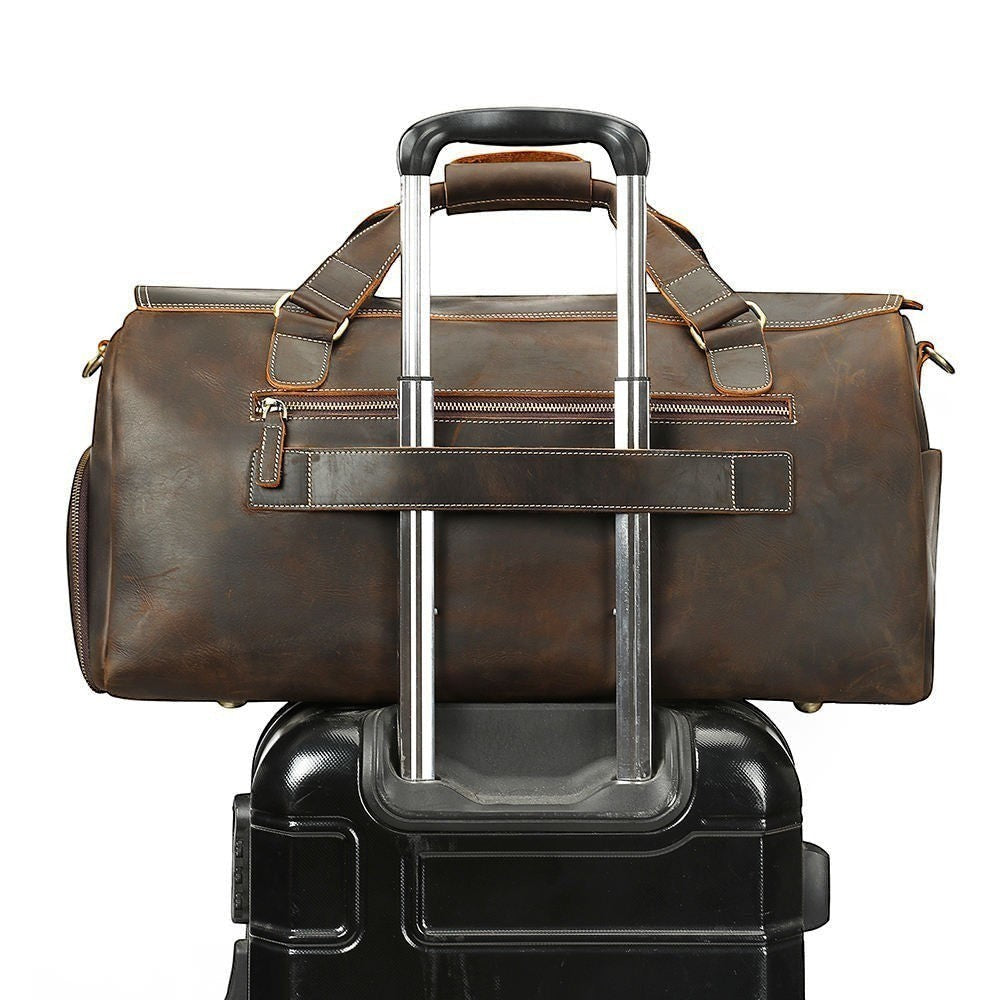 Barcon Getta Inc dark brown full grain leather duffel bag with shoe compartment and trolley sleeve.