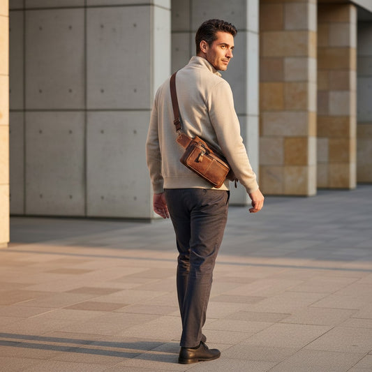 Barcon Getta Inc brown full grain leather fanny bag worn crossbody by a man.
