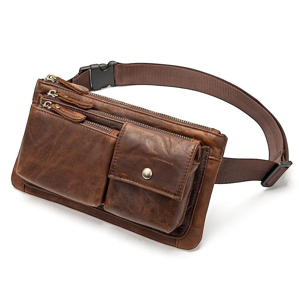 Barcon Getta Inc BANDFORM brown full grain leather fanny bag with multiple zipper pockets and adjustable strap.