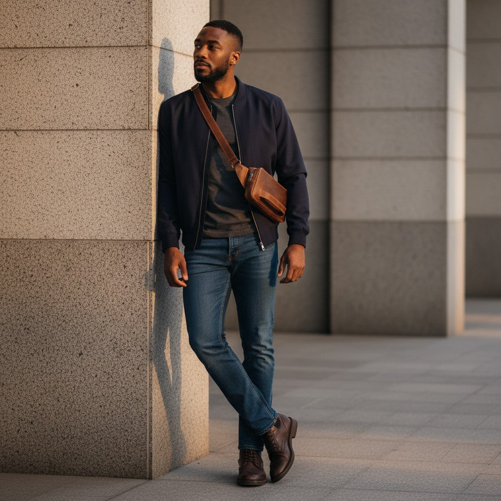 Barcon Getta Inc KANO fanny bag in brown full grain leather with a top zipper and front handle. Handmade.