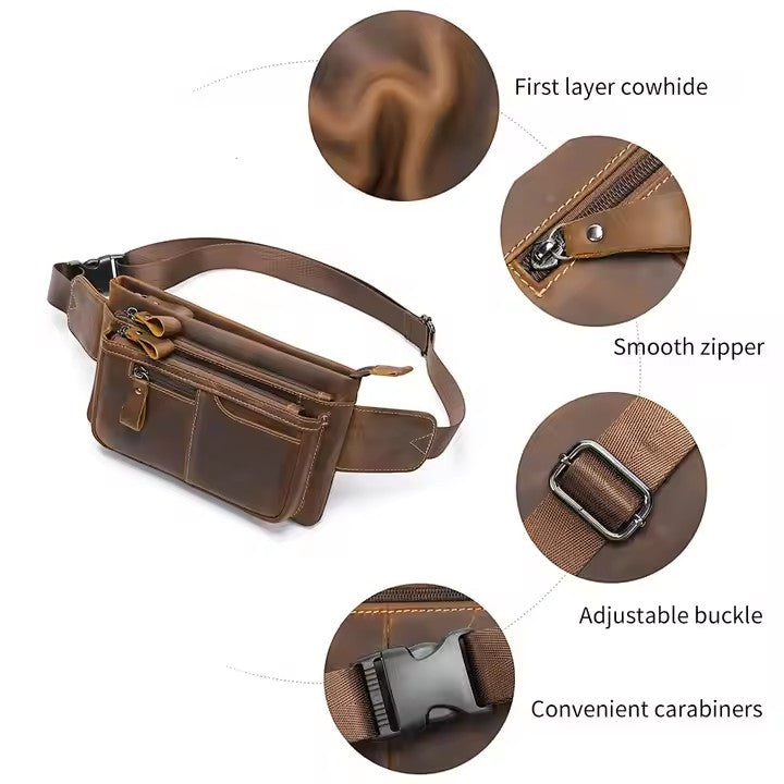 Barcon Getta Inc brown full grain leather fanny bag with multiple zipper pockets and adjustable strap.