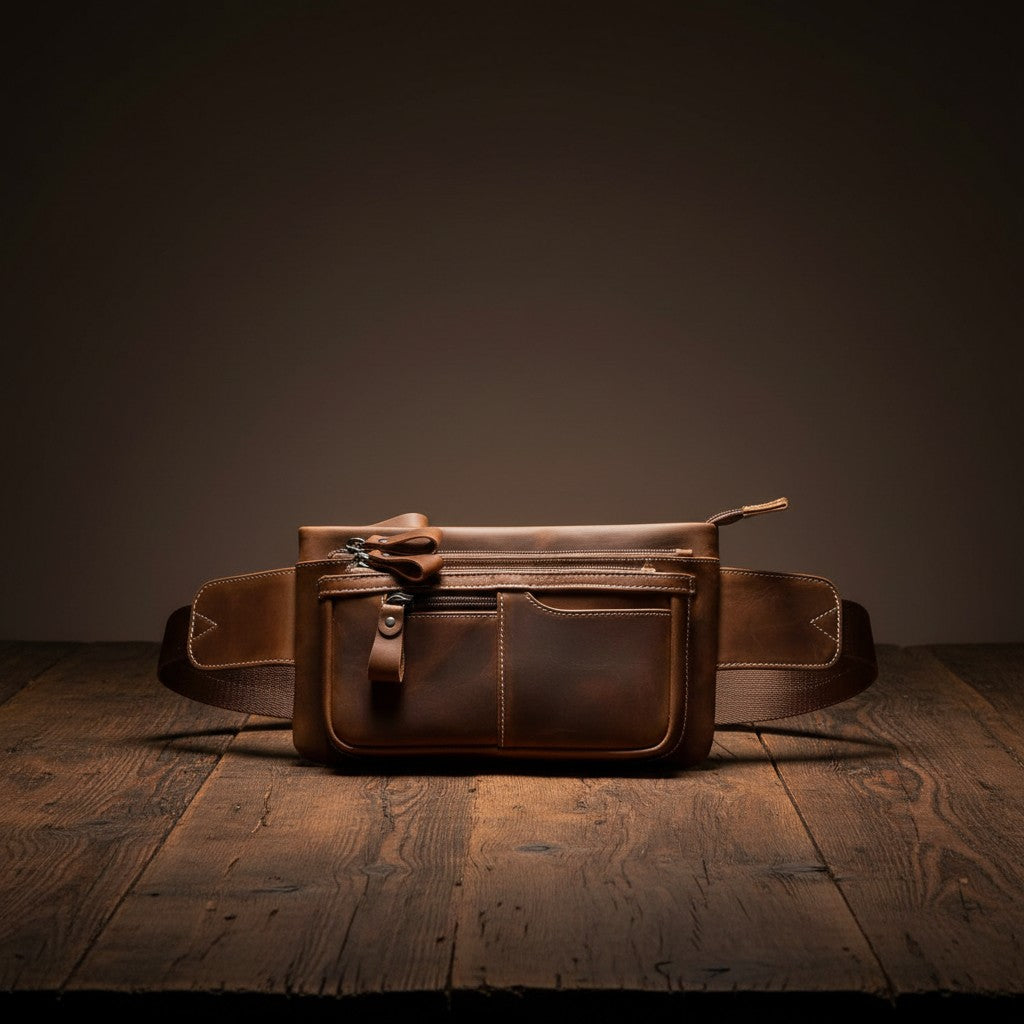 Barcon Getta Inc BELTCRAFT fanny bag made of brown full grain leather with multiple zipper pockets and adjustable strap.