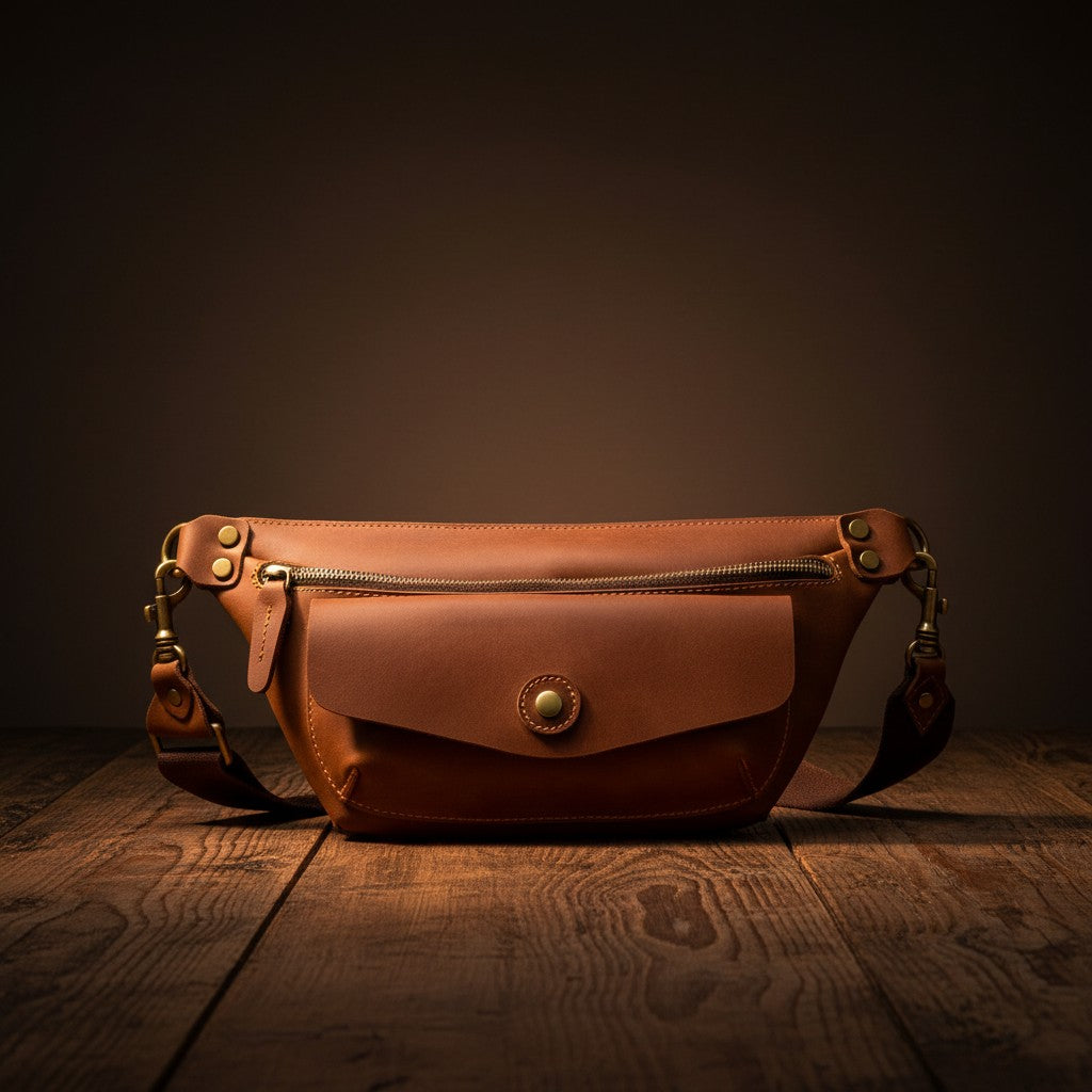Barcon Getta Inc ARCBAND brown full grain leather fanny bag with multiple pockets and adjustable strap.