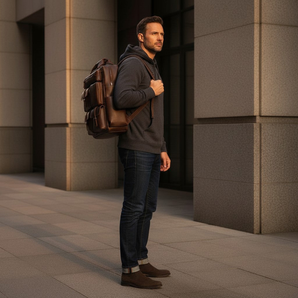 Barcon Getta Inc distressed brown leather multi-pocket backpack with adjustable straps and top handle.