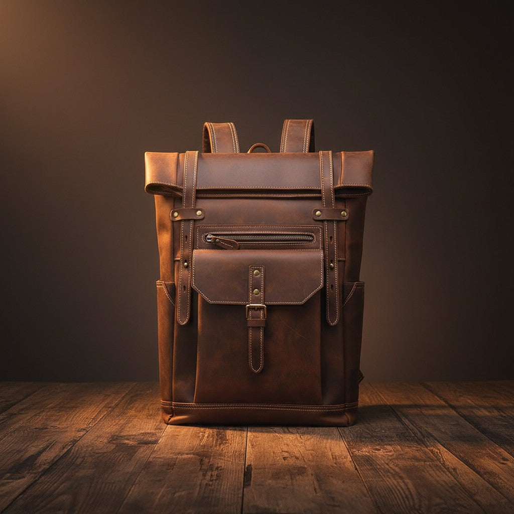 Barcon Getta Inc NOMAD brown Ethiopian leather roll-top backpack with buckle closure and multiple pockets.