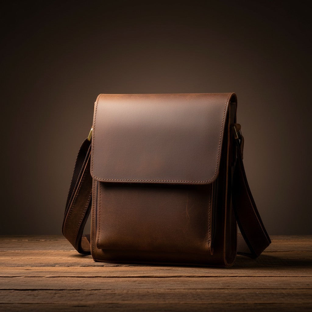 Barcon Getta Inc GRAINSIDE brown full grain leather shoulder bag with front flap pocket and zipper closure.