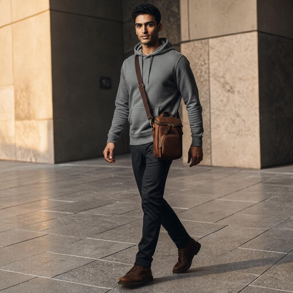 Barcon Getta Inc brown full grain leather crossbody bag with multiple zipper pockets and adjustable strap.