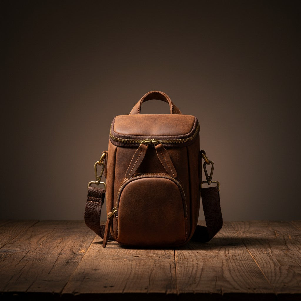 Barcon Getta Inc brown leather crossbody bag with main compartment and front zipper pocket. Handmade Ethiopian full grain leather.
