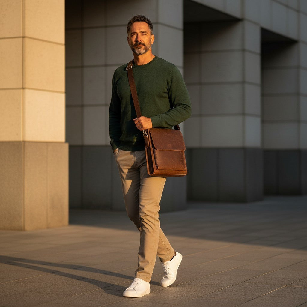 Barcon Getta Inc GRAINSIDE brown full grain leather shoulder bag with front flap pocket and zipper closure.