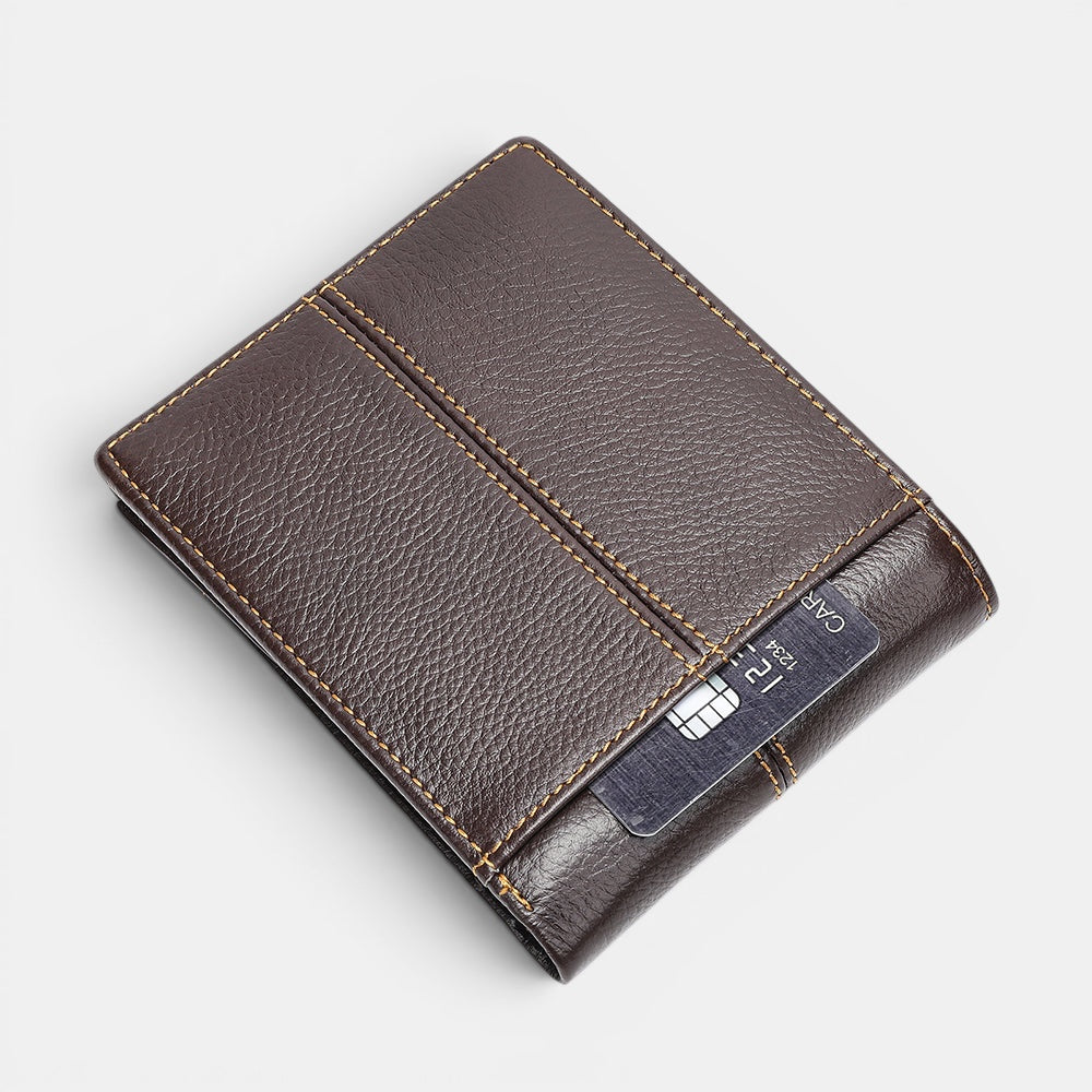Barcon Getta Inc brown full grain leather slim wallet with 8 card slots, coin slot, bill compartments, ID window, and anti-theft swipe.