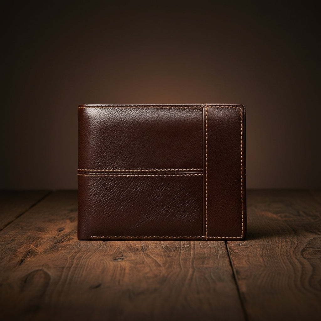 Barcon Getta Inc brown full grain leather bi-fold wallet with 8 card slots, coin slot, bill compartments, ID window, and anti-theft swipe.