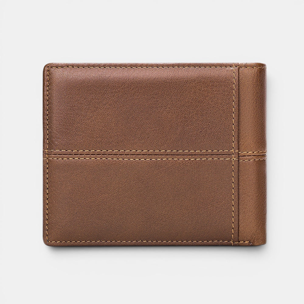 Barcon Getta Inc brown full grain leather bi-fold wallet with 8 card slots, coin slot, bill compartments, ID window, and anti-theft swipe.