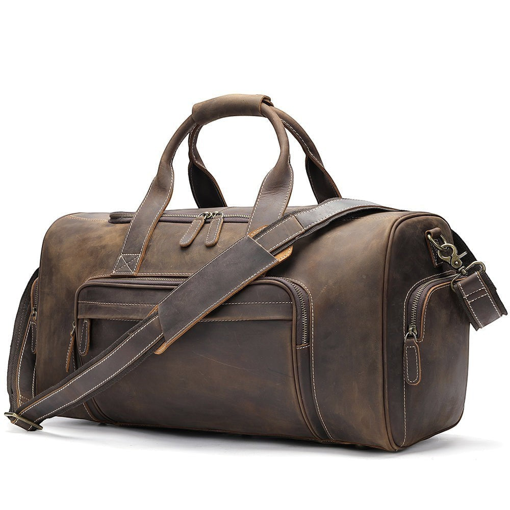 Barcon Getta Guzzo Z Weekender Duffel Travel Bag – Dark Coffee – Front Profile Full Grain Leather with Brass Hardware -
on a light gray background