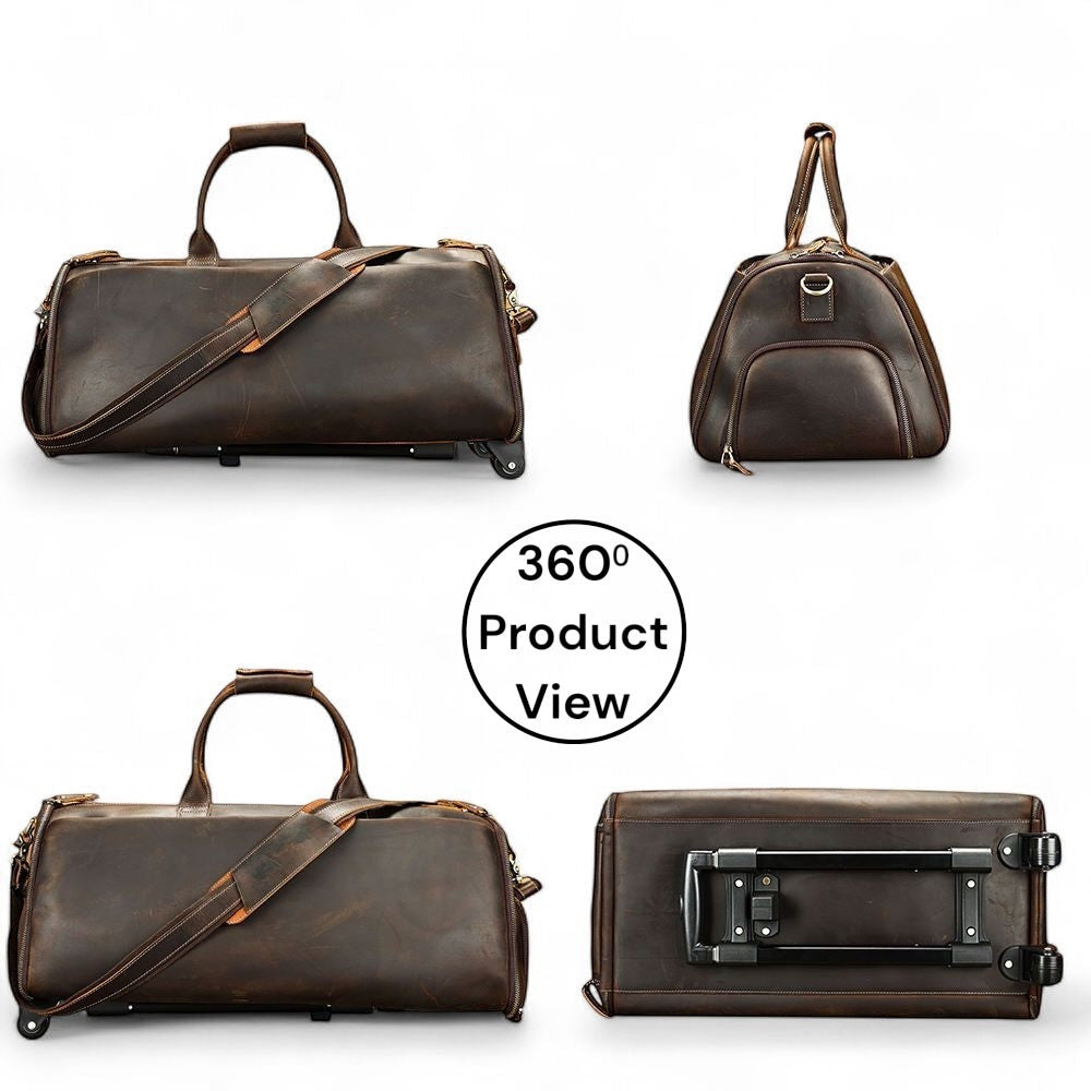 Barcon Getta Inc dark brown leather wheeled duffel bag with retractable handle and shoulder strap. Spacious travel bag.
