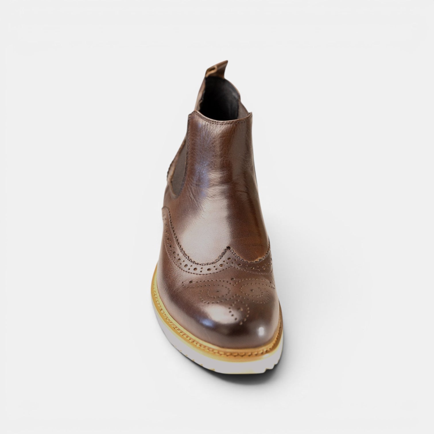 Barcon Getta Inc JOHANNESBURG brown leather wingtip Chelsea boots with brogue detailing and elasticated side panels.