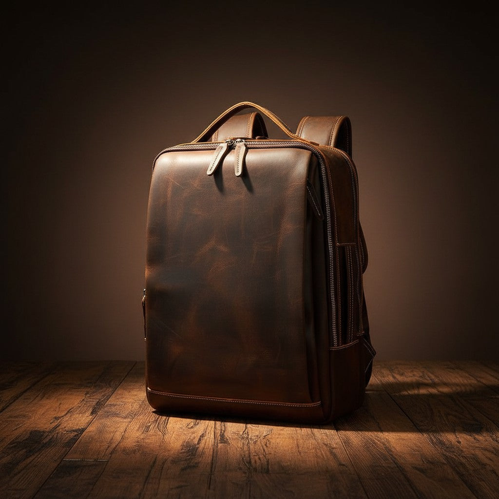 Barcon Getta Inc brown full grain leather WORKDAY backpack with multiple pockets and padded straps.