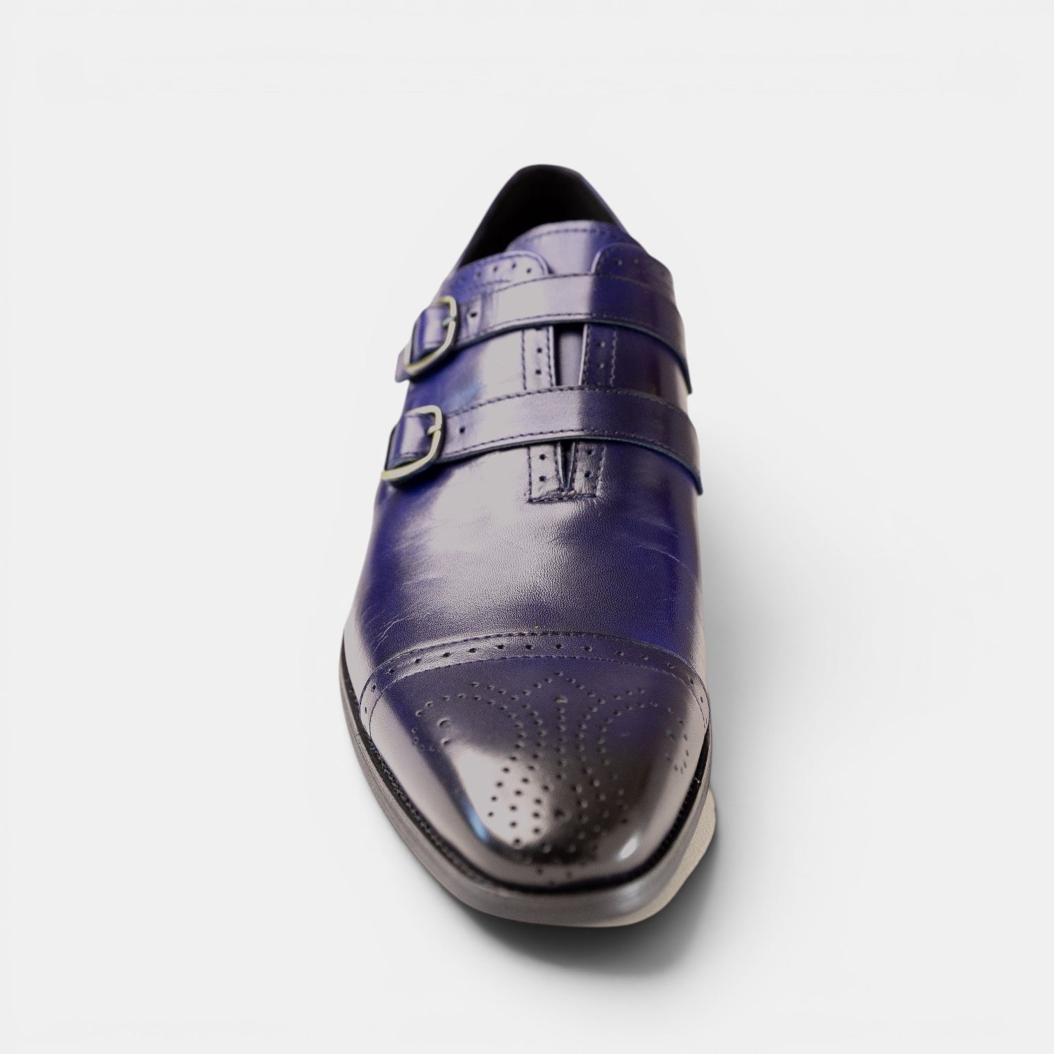 Barcon Getta Inc CAIRO cobalt blue leather double monk strap dress shoes with gold buckles and brogue detailing.