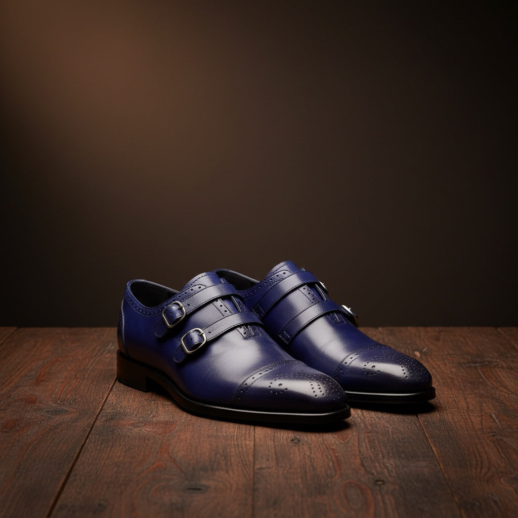 Barcon Getta Inc CAIRO double monk strap dress shoes in hand-burnished cobalt royal blue full grain leather with gold buckles and brogue detailing.
