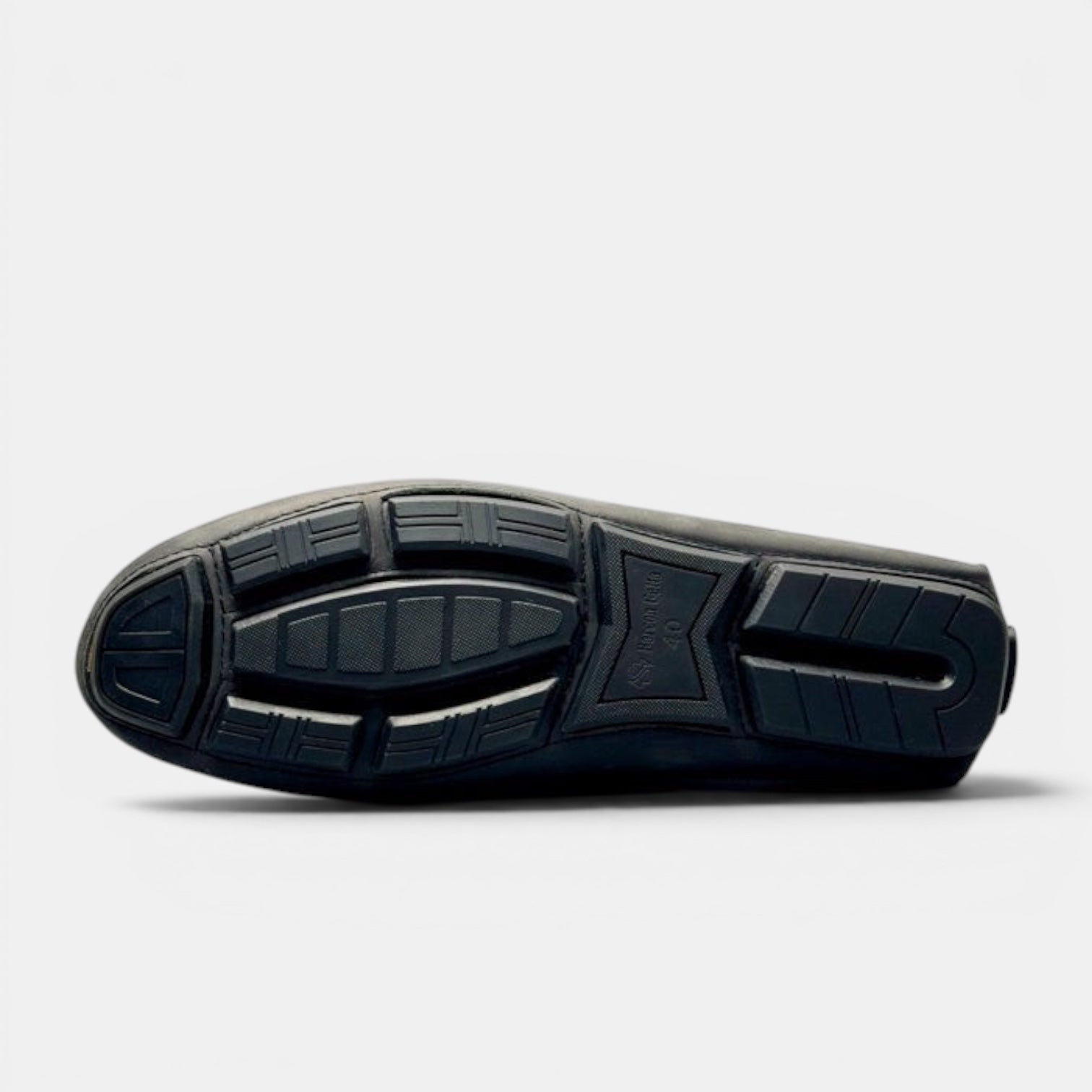 Barcon Getta Inc. charcoal/dark grey full-grain leather driver slip-on loafer with segmented rubber sole.