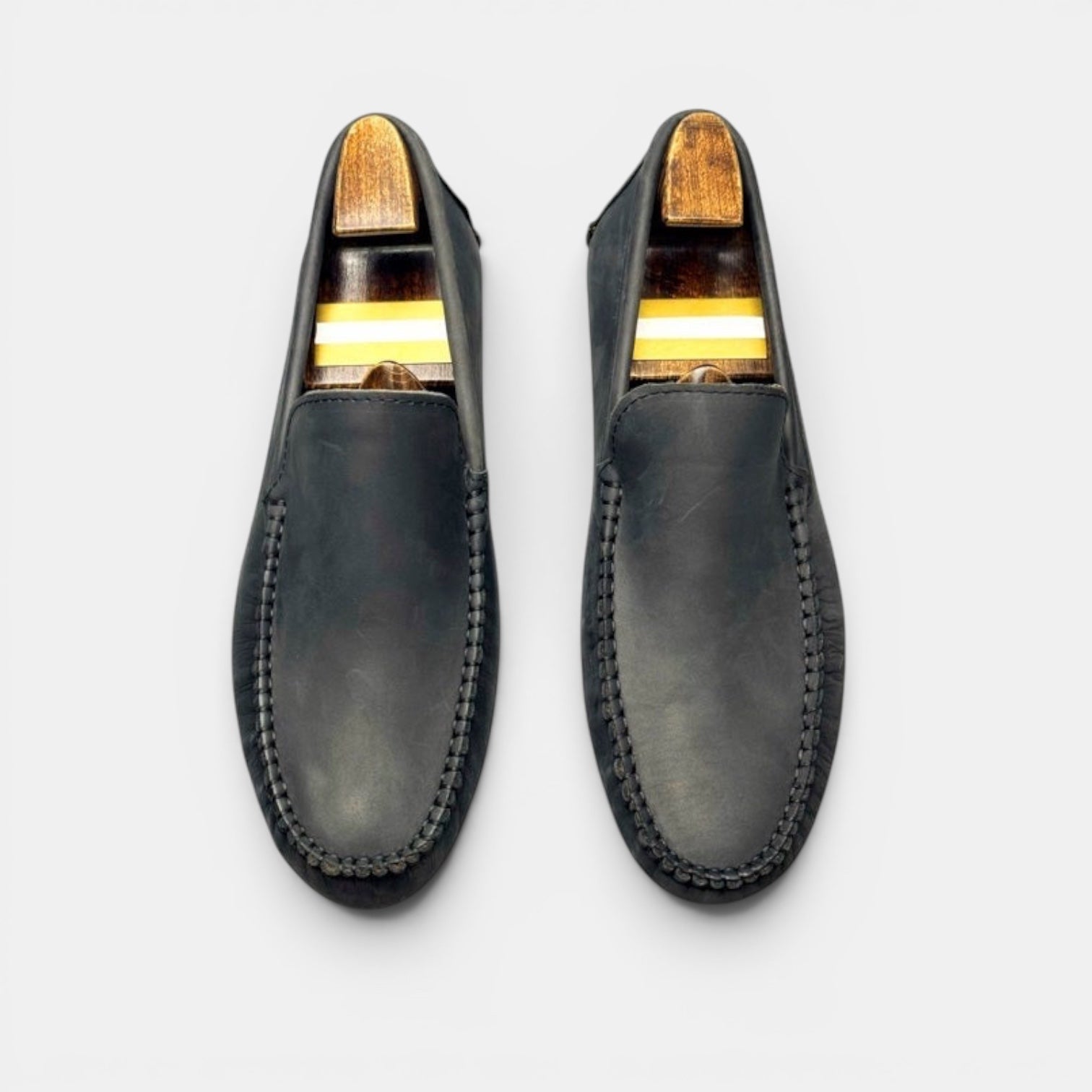 Barcon Getta Inc charcoal full-grain leather driver slip-on loafers with hand-stitched moccasin construction.