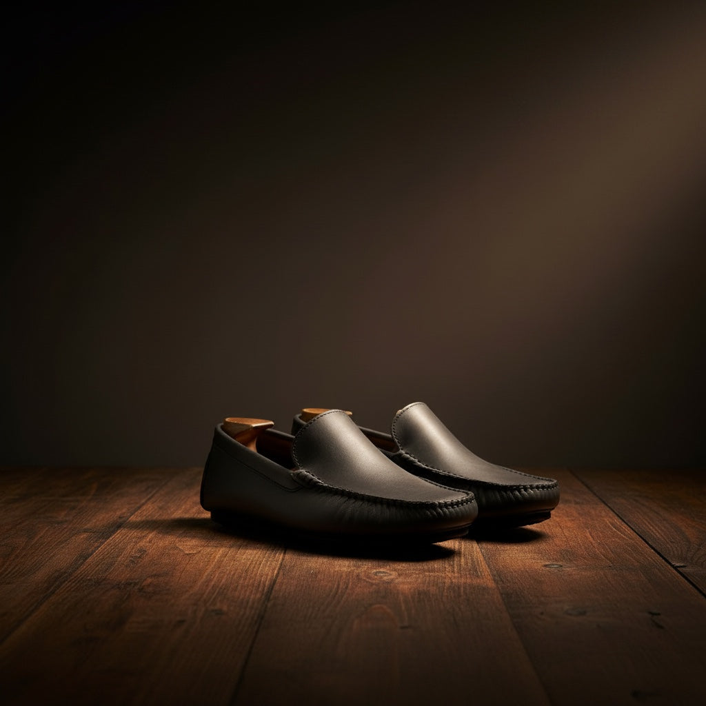 Barcon Getta Inc. charcoal full-grain leather driver slip-on loafers with hand-stitched moccasin construction and segmented rubber sole.