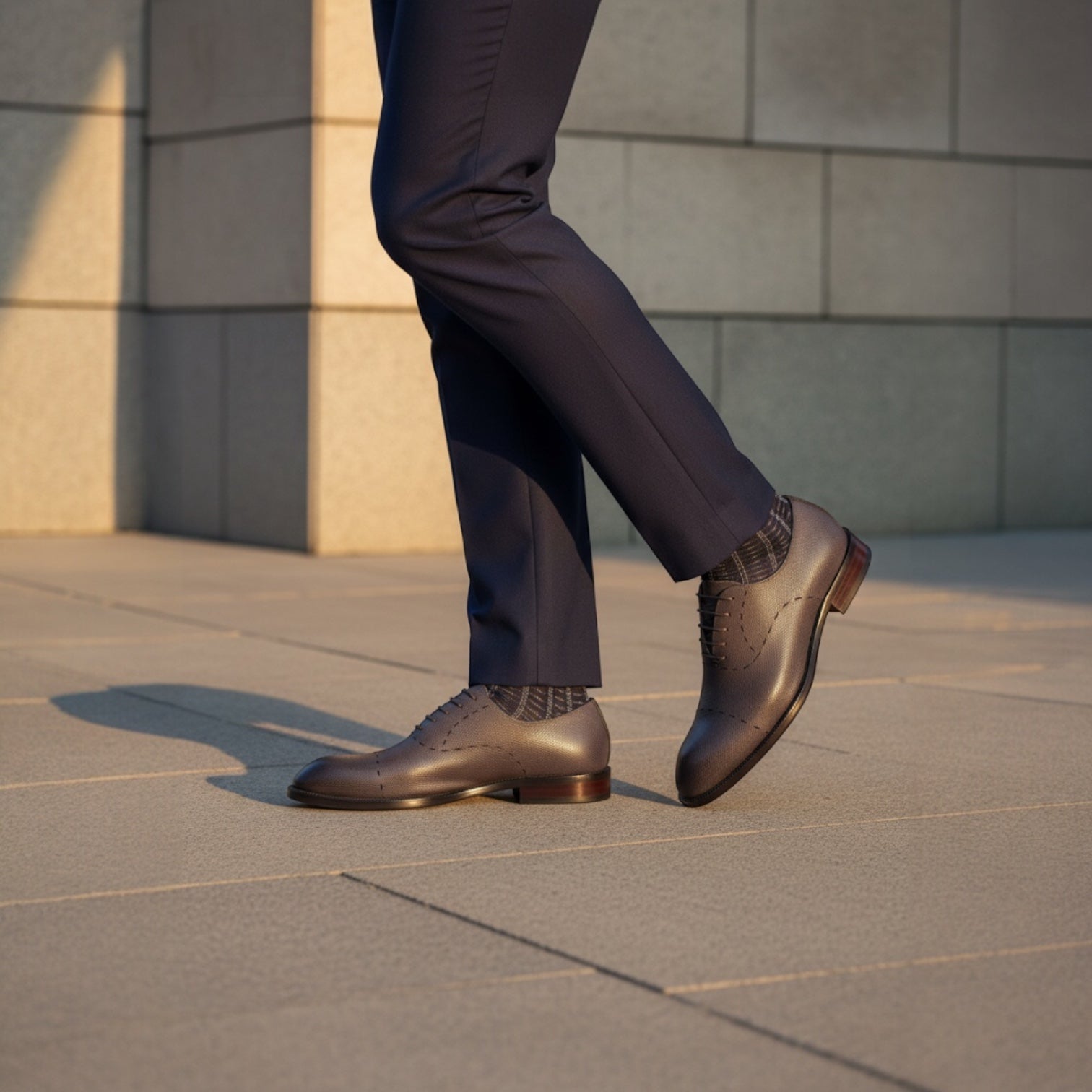 Barcon Getta Inc charcoal grey Saffiano embossed leather Oxford dress shoes with hand-stitched vamp detail.