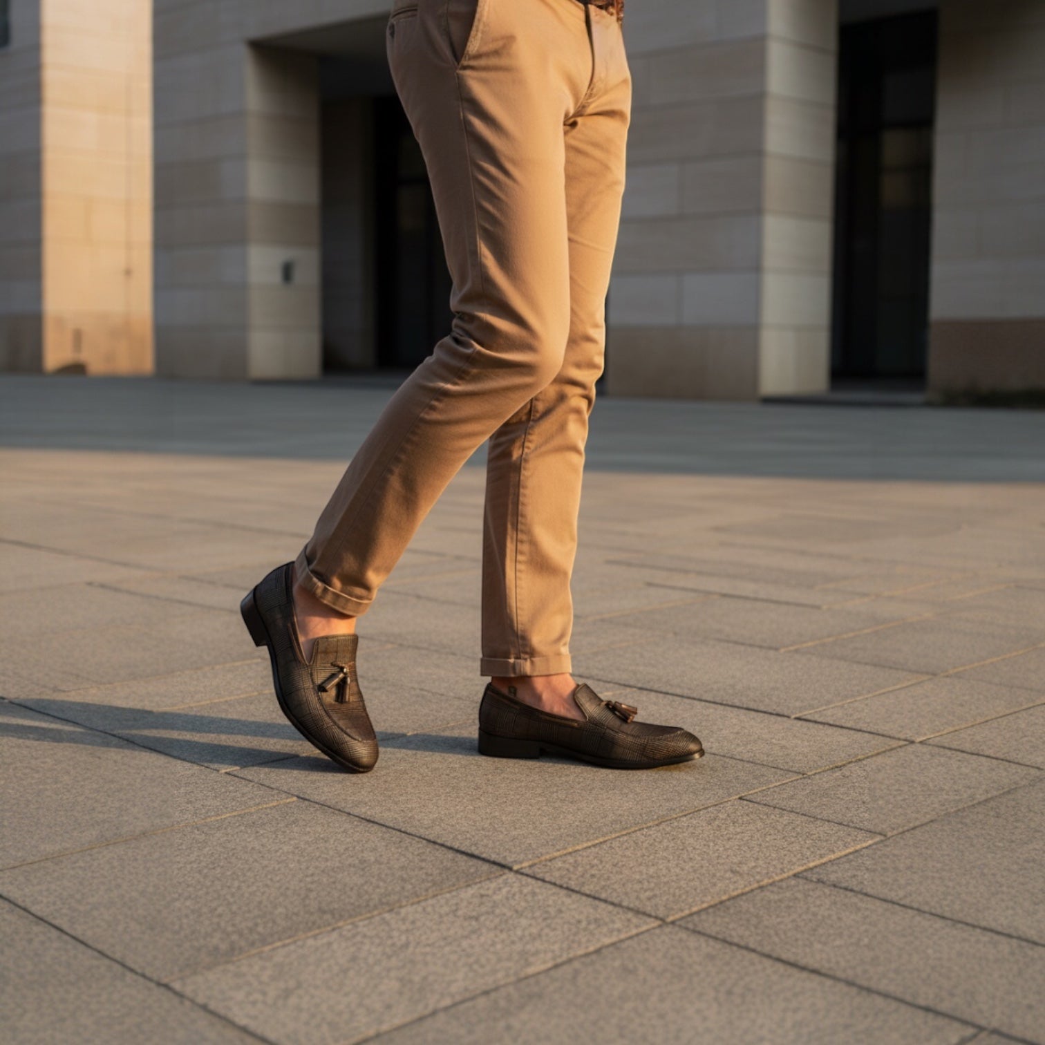 Barcon Getta Inc charcoal grey suede tartan tassel loafers with a rounded toe and low stacked heel.
