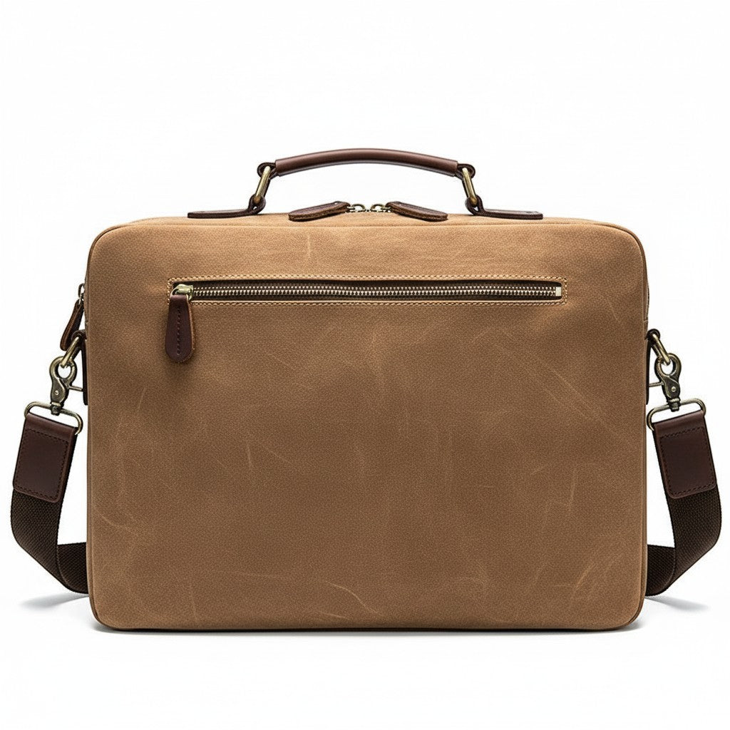 Barcon Getta Inc The Classic grey waxed canvas briefcase with leather trim and shoulder strap. Fits up to 14" laptop.