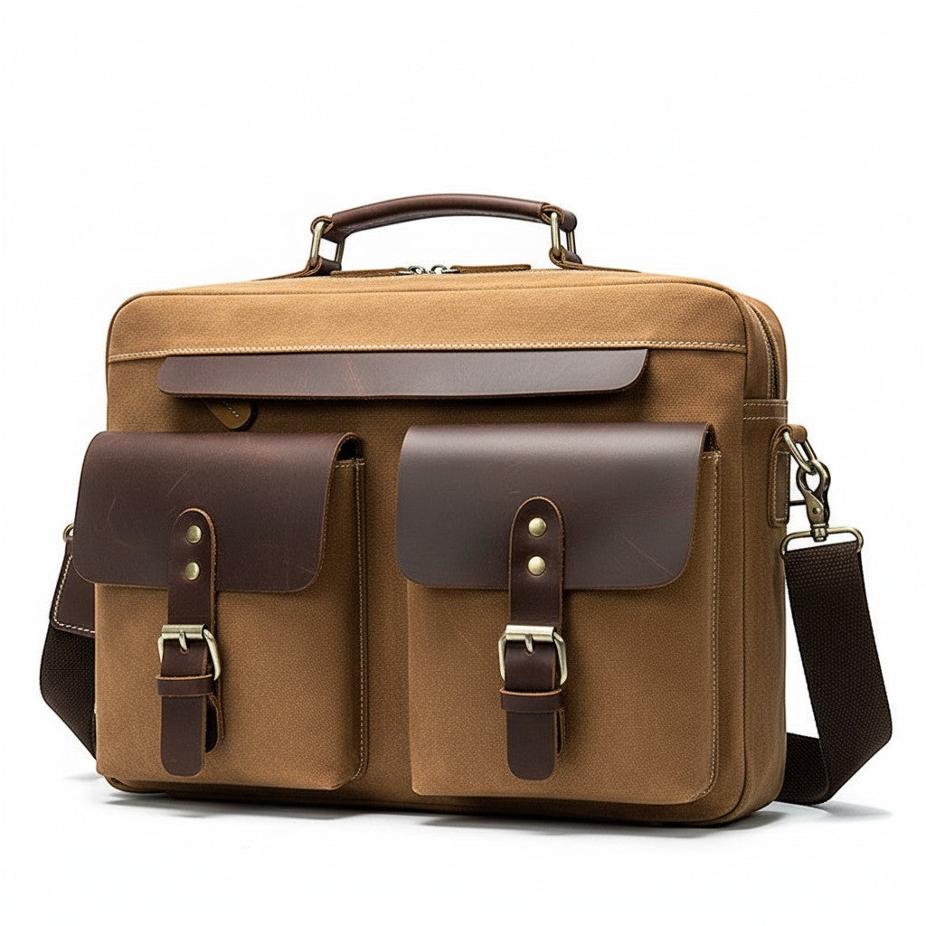 Barcon Getta Inc The Classic grey canvas and brown leather messenger bag with multiple pockets and buckle closures.