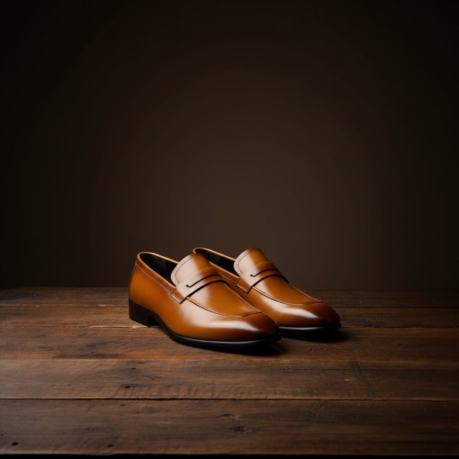 Barcon Getta Inc CONAKRY amber tan patina full-grain leather penny loafers with smooth upper and hybrid sole.
