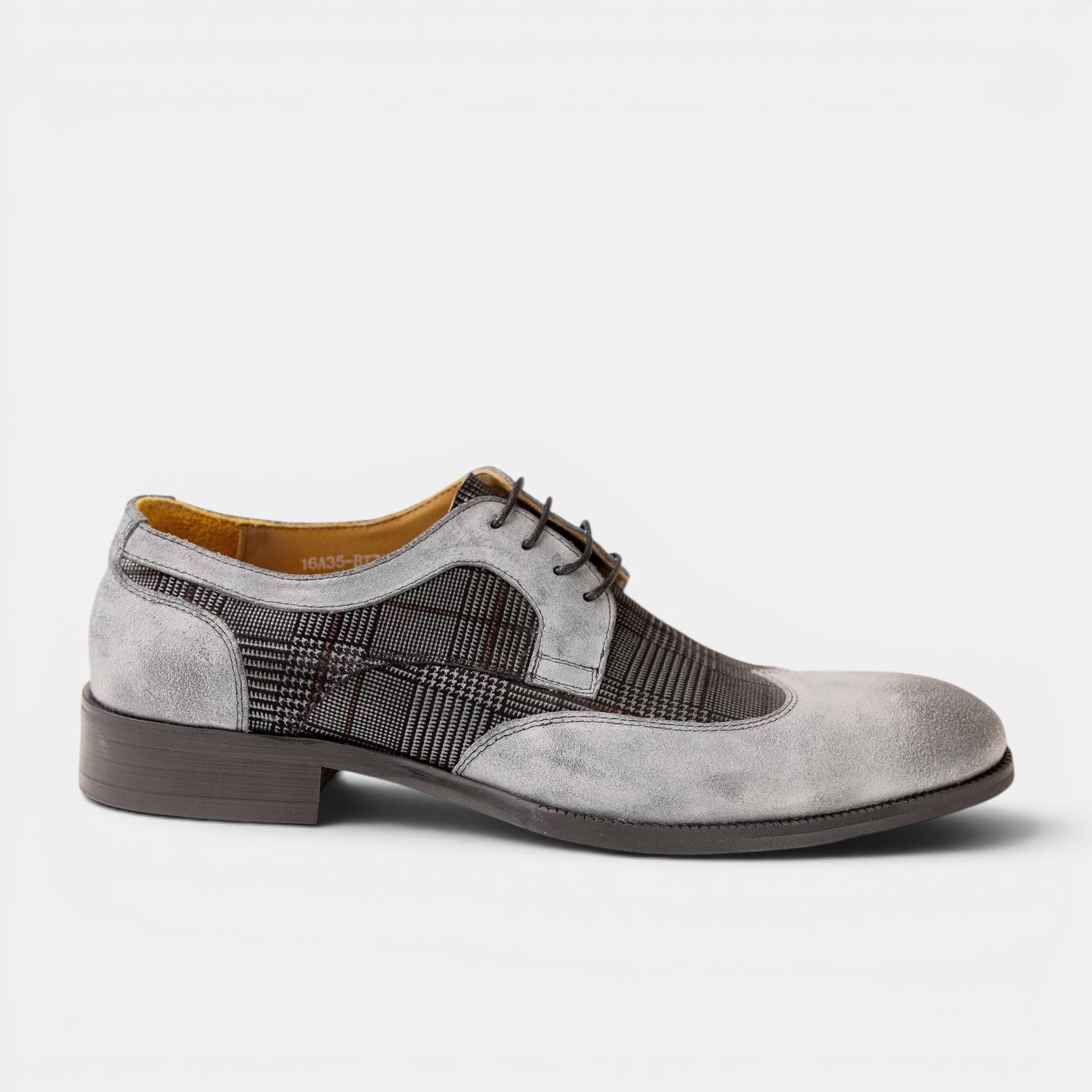 Barcon Getta Inc DAKAR grey suede wingtip derby dress shoe with glen plaid accents and open lacing.