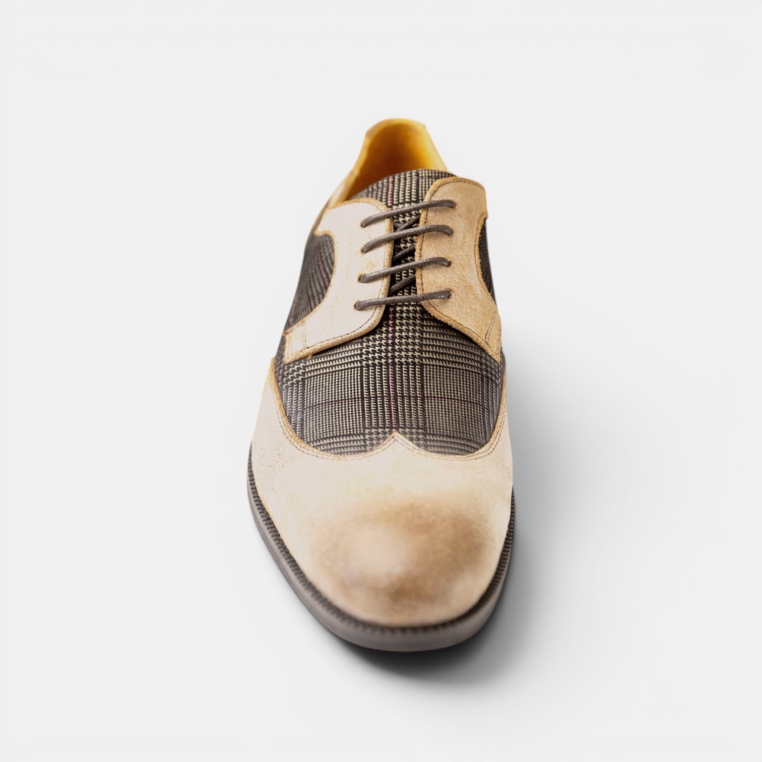 Barcon Getta Inc DAKAR wingtip dress shoe in cream/sand suede and glen plaid fabric. Derby lacing.