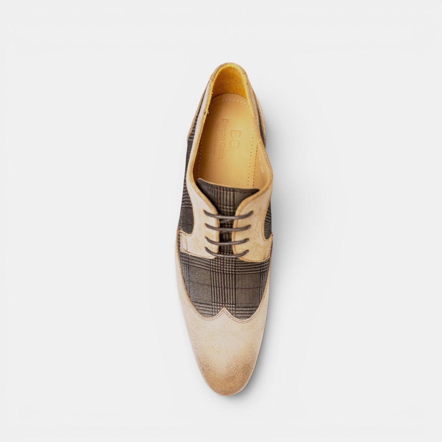 Barcon Getta Inc DAKAR Wingtip Oxford dress shoe in cream/sand and charcoal glen plaid suede. Leather lining.