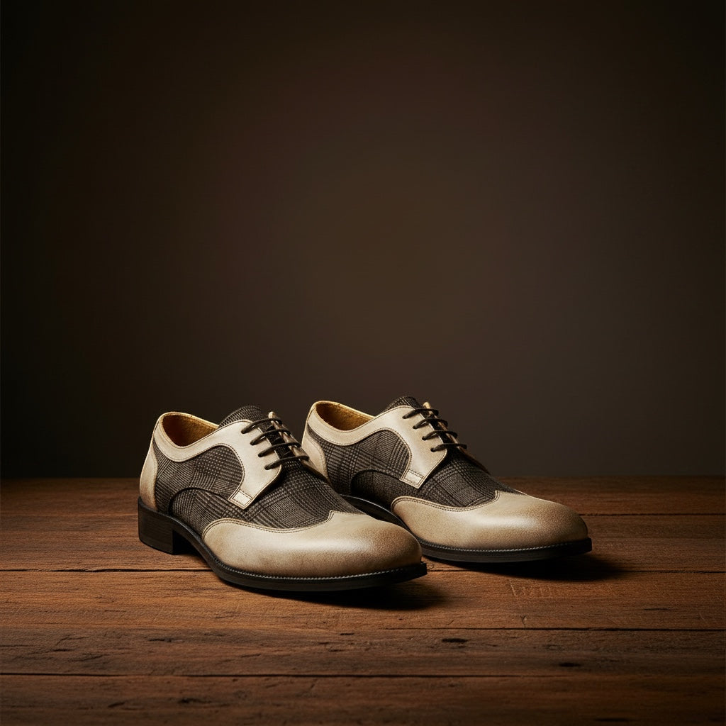 Barcon Getta Inc DAKAR wingtip dress shoes in two-tone suede with glen plaid accents. Cream/sand and charcoal grey.