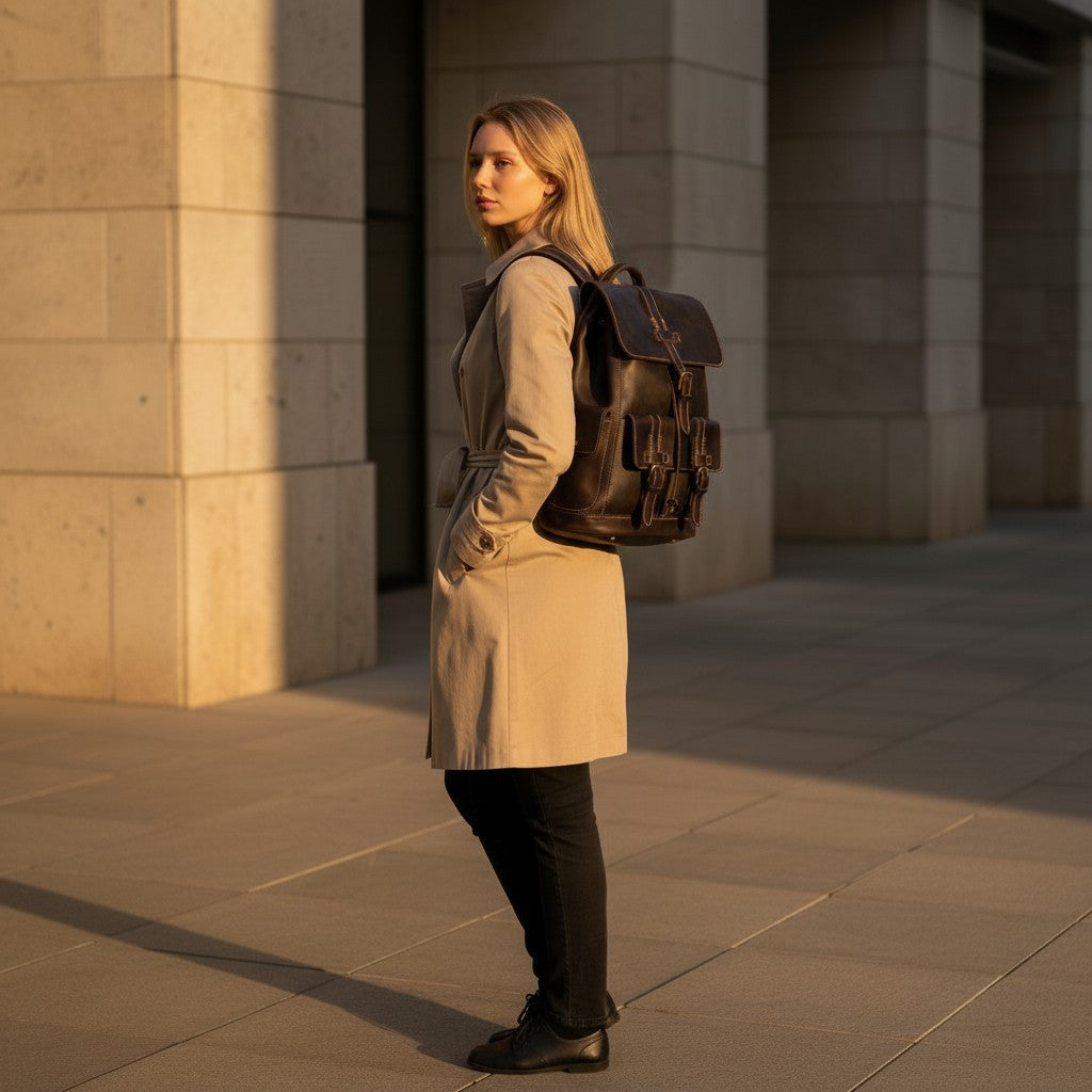 Barcon Getta Inc dark brown full grain leather backpack with buckle closures and breathable straps.