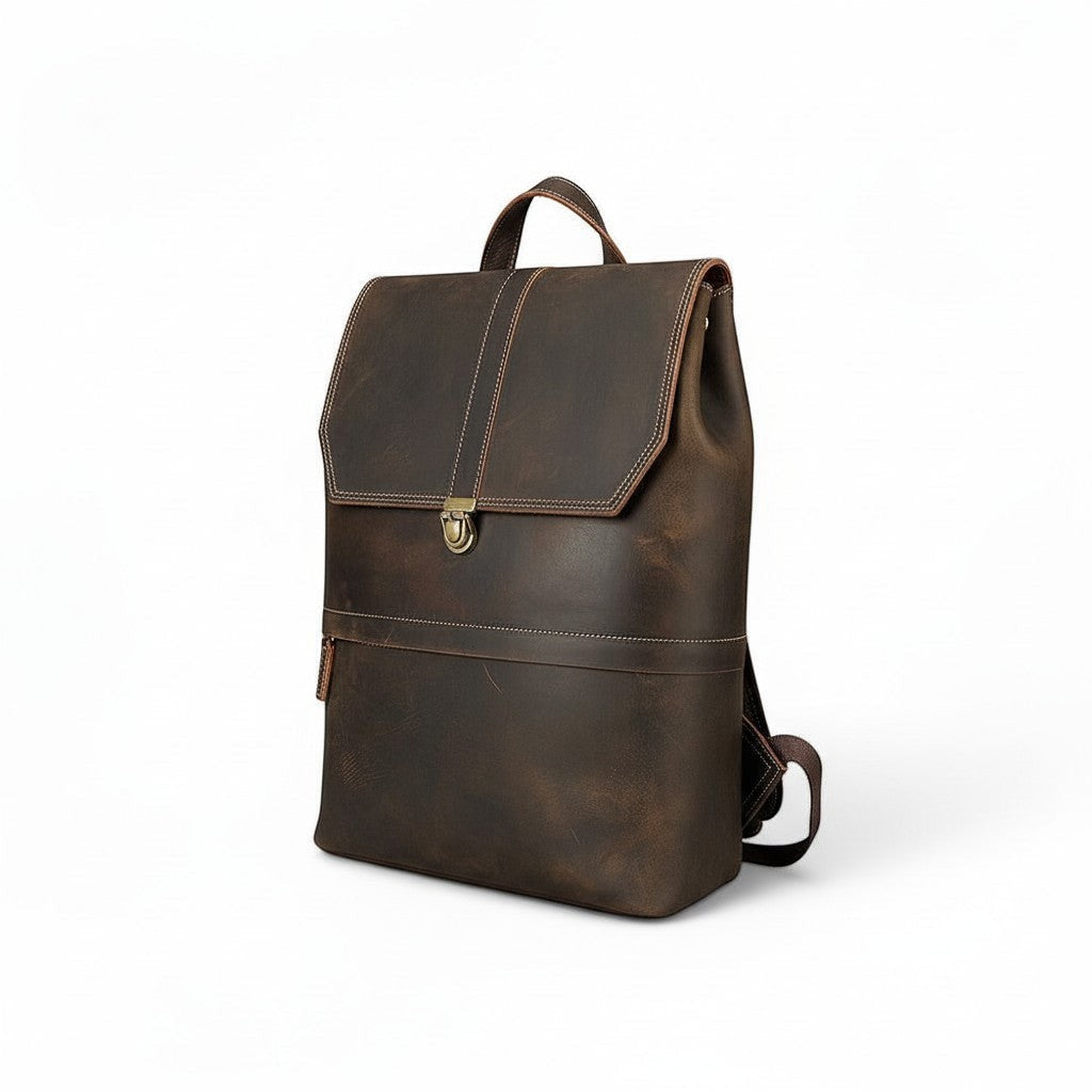 Barcon Getta Inc dark brown Ethiopian leather backpack with buckle closure, multiple pockets, and padded straps.