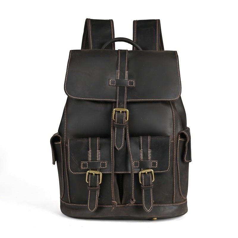Barcon Getta Inc dark brown genuine leather Sharp-Carry backpack with brass hardware and multiple exterior pockets.