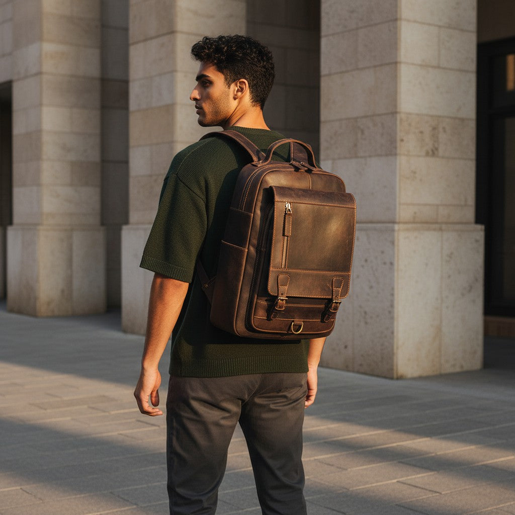 Barcon Getta Inc dark brown full grain leather backpack with buckle flap, zip pockets, and padded straps.