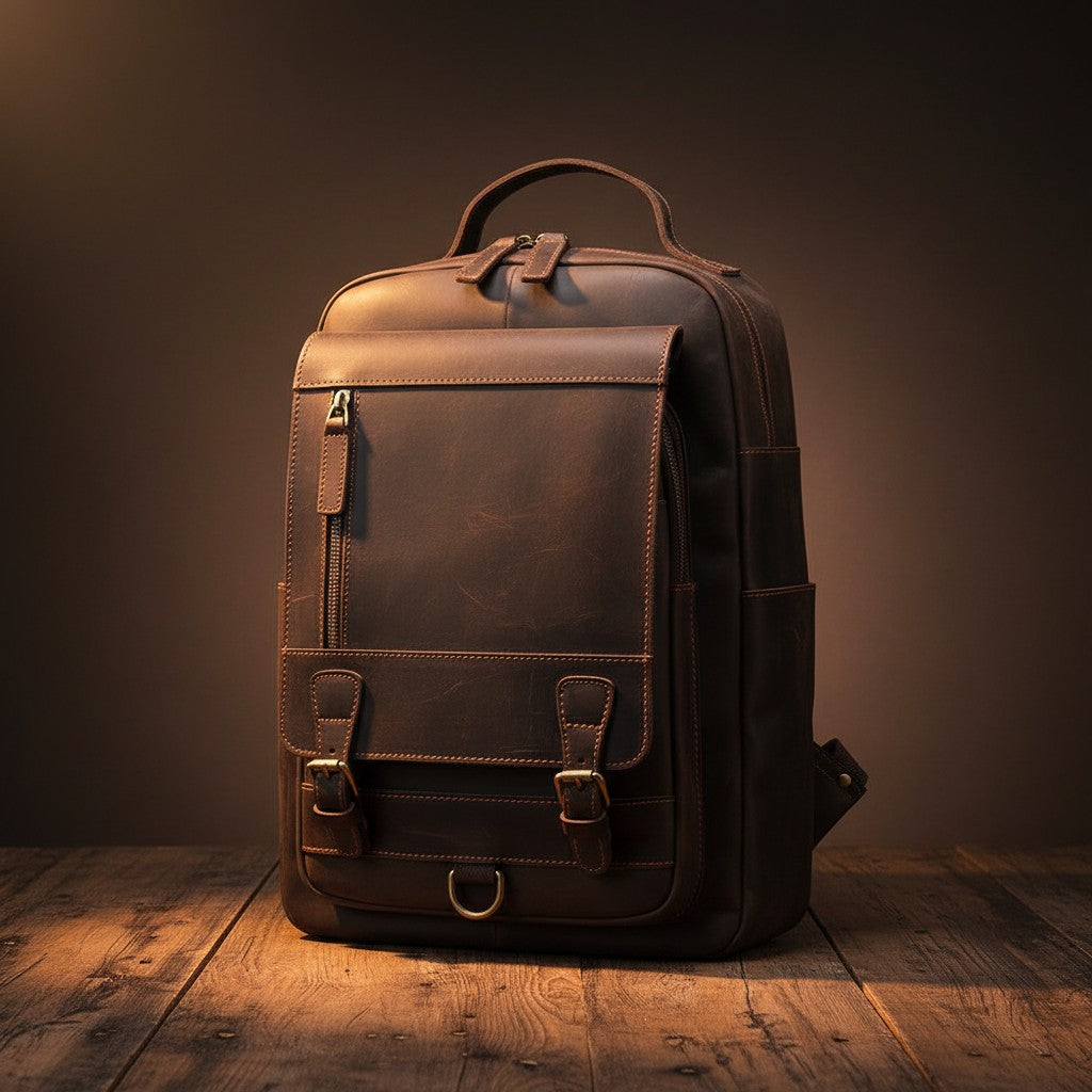 Barcon Getta Inc dark brown full grain leather backpack with buckle flap, laptop compartment, and breathable straps.