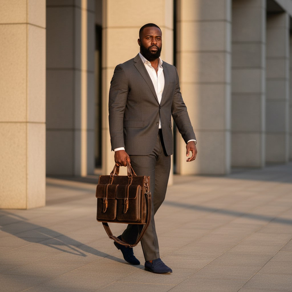 Barcon Getta Inc dark brown distressed leather briefcase with double front pockets and adjustable shoulder strap.
