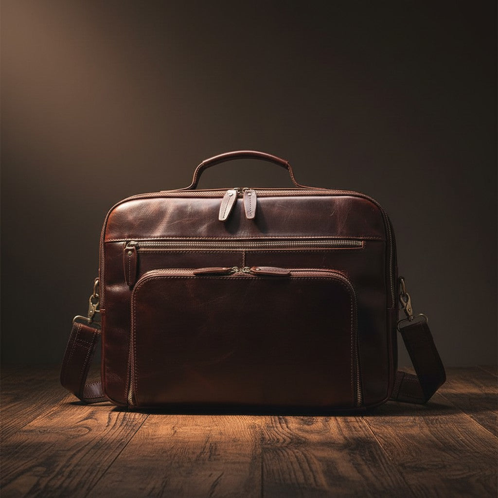 Barcon Getta Inc The Daily Operator dark brown leather briefcase with multiple pockets and top handles.
