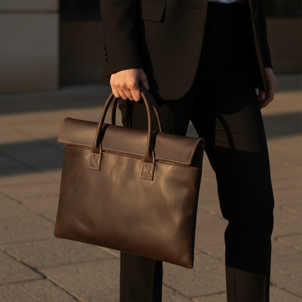 Barcon Getta Inc dark brown handmade Ethiopian leather briefcase with top handles and flap closure, fits up to 15" laptop.