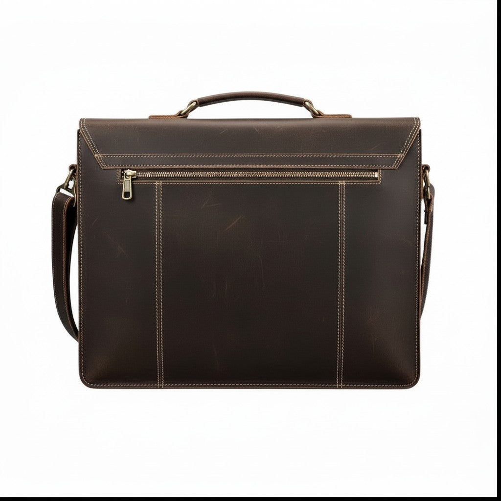 Barcon Getta Inc dark brown leather briefcase with top handle, adjustable strap, and multiple compartments for up to 16" laptops.
