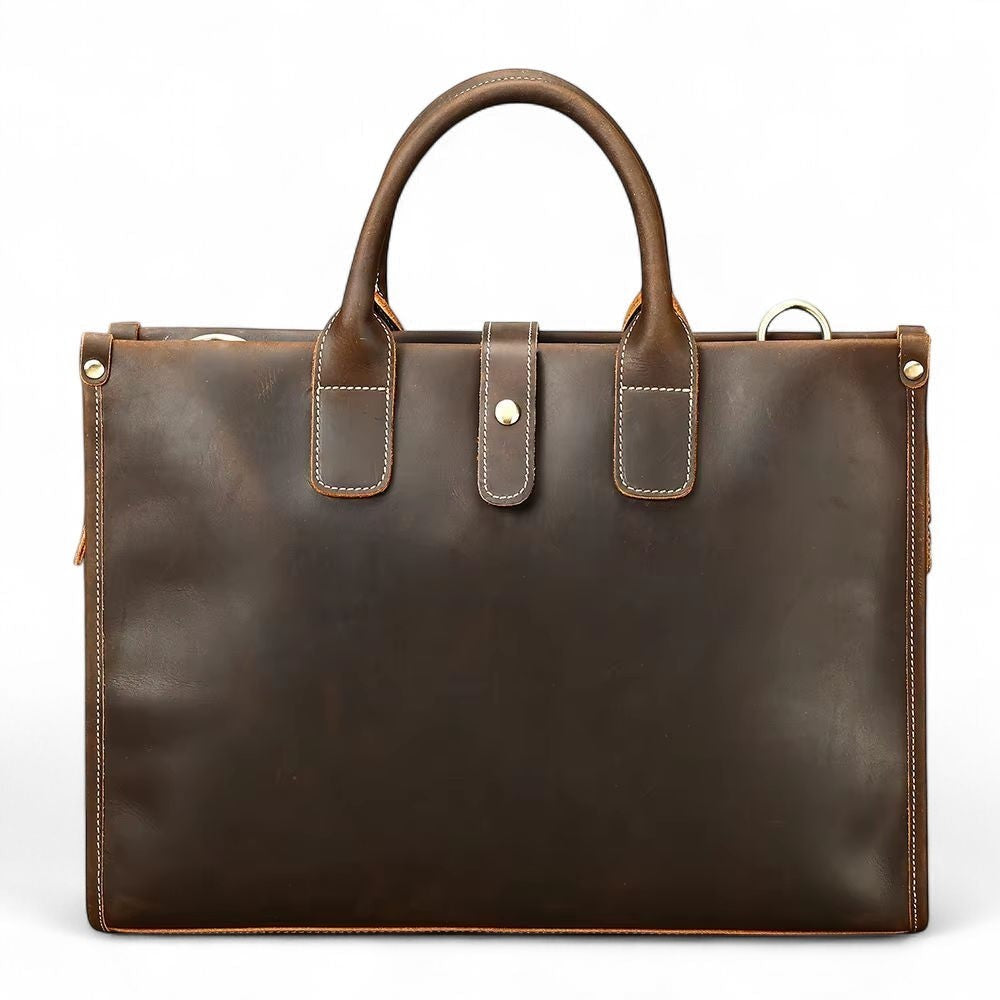 Barcon Getta Inc dark brown handmade crazy horse leather briefcase with multiple pockets and top handles.