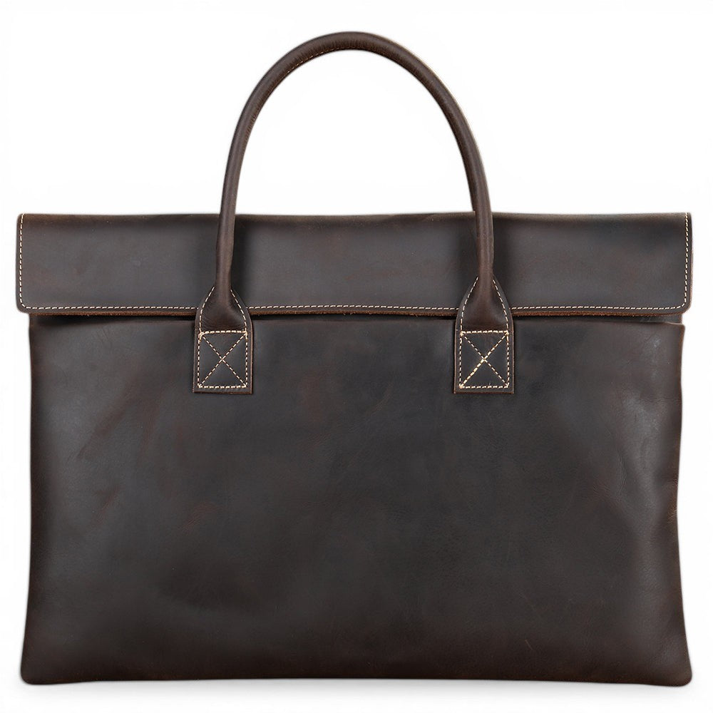 Barcon Getta Inc dark brown handmade Ethiopian leather briefcase with top handles, fits up to 15" laptop.