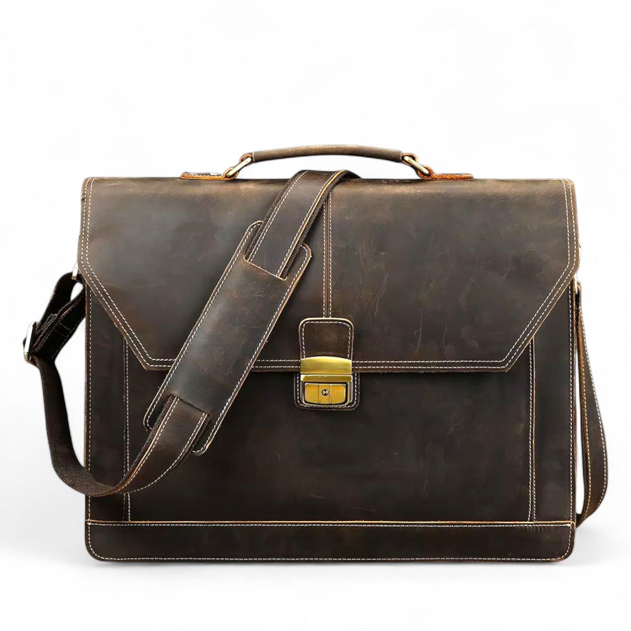 Barcon Getta Inc dark brown distressed leather briefcase with brass hardware and white stitching. Fits up to 16" laptop.