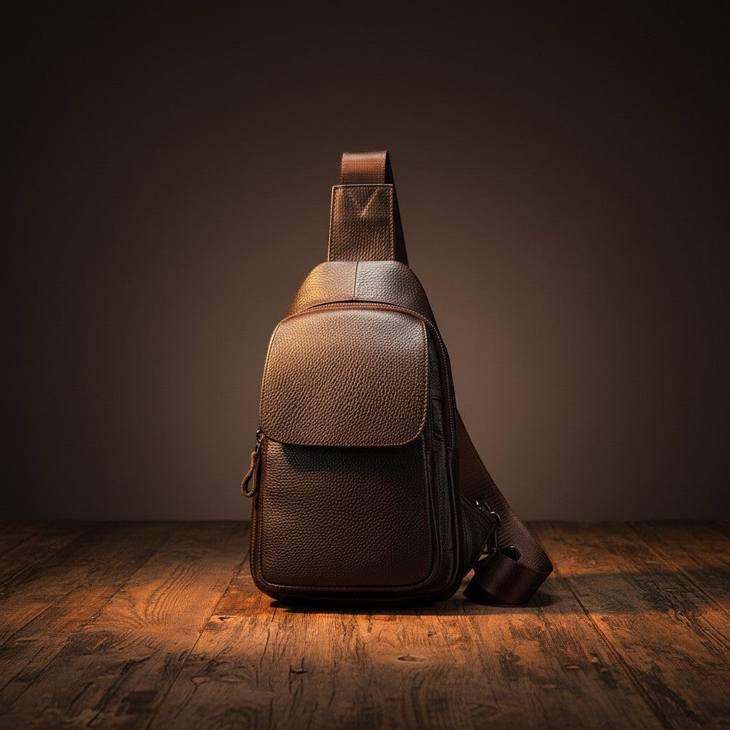 Barcon Getta Inc dark brown genuine leather crossbody bag with adjustable strap and multiple compartments.