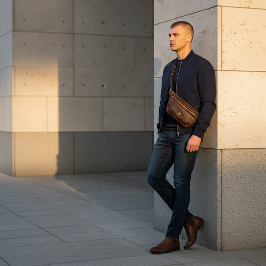 Barcon Getta Inc ARCBAND fanny bag in dark brown full grain Ethiopian leather with multiple pockets and adjustable strap.